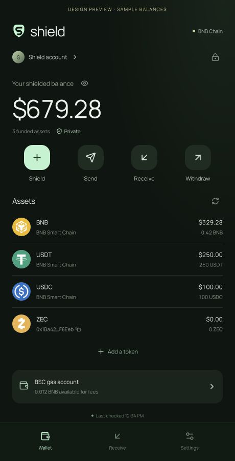 Shield Wallet design preview showing sample balances, Shield, Send, Receive and Withdraw actions, and a separate BSC gas account.